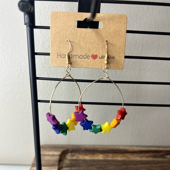 Jewelry - Rainbow Stars & Gold Dangly Hoop Earrings NEW